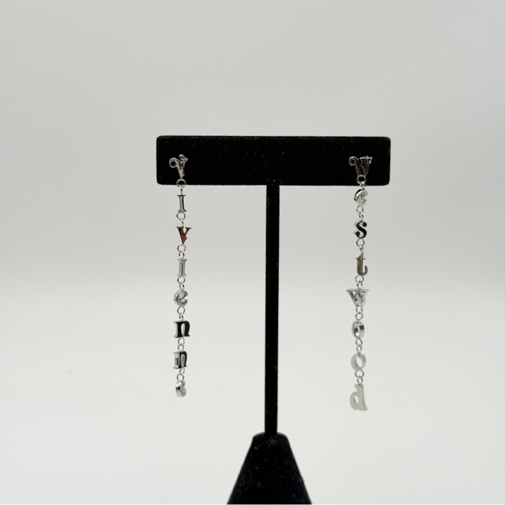 VIVIENNE WESTWOOD RAIMUNDA ASYMMETRICAL LETTER DROP EARRINGS – SILVER TONE - Picture 3 of 6